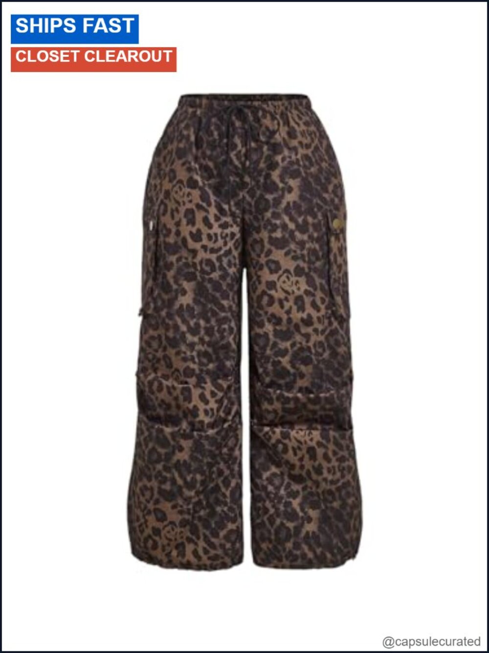 Plus Size Leopard Print Cargo Pants Drawstring High Waisted Wide Leg Baggy